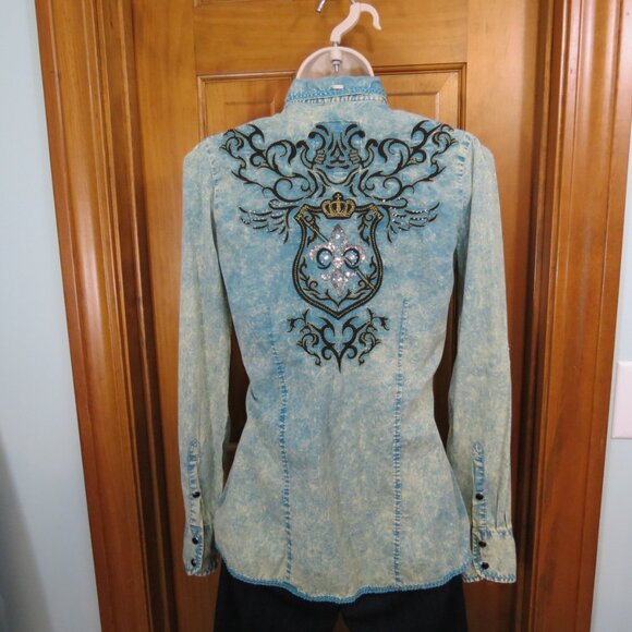 Roar Women's Western Long Sleeve Snap Shirt Rhinestones Bling Size Small - Picture 7 of 13